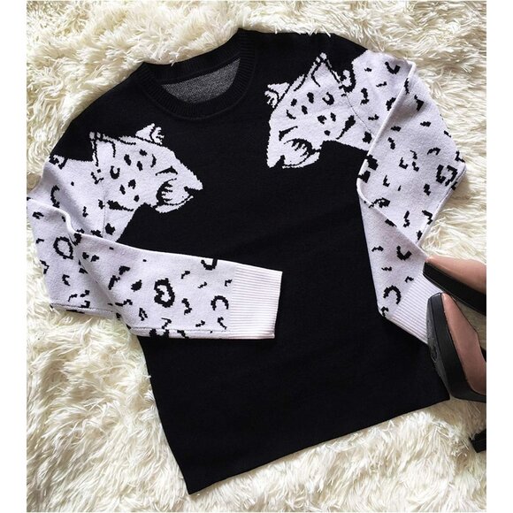 Women's Leopard Print Knitted Pullover Crew Neck Long Sleeve Sweater - Picture 6 of 6